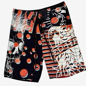 Ed Hardy Board Shorts Men’s 31 Pray for Surf Swim Trunks Black Orange Blue